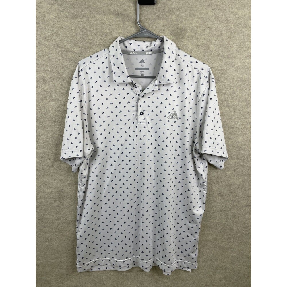 Adidas Golf Mens M White Blue All Over Logo Print Performance Polo Shirt